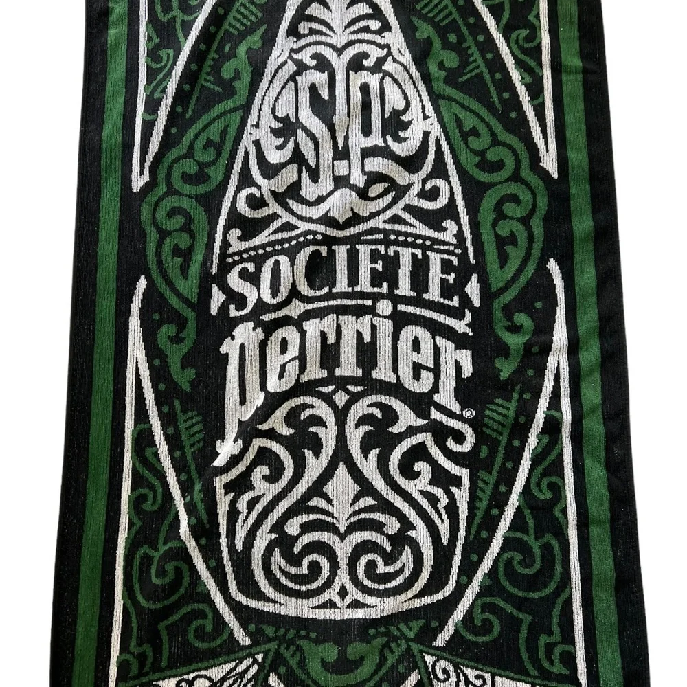 Vintage Societe Perrier Green Black Bath Beach Towel Bottle Made USA 30” By 66”